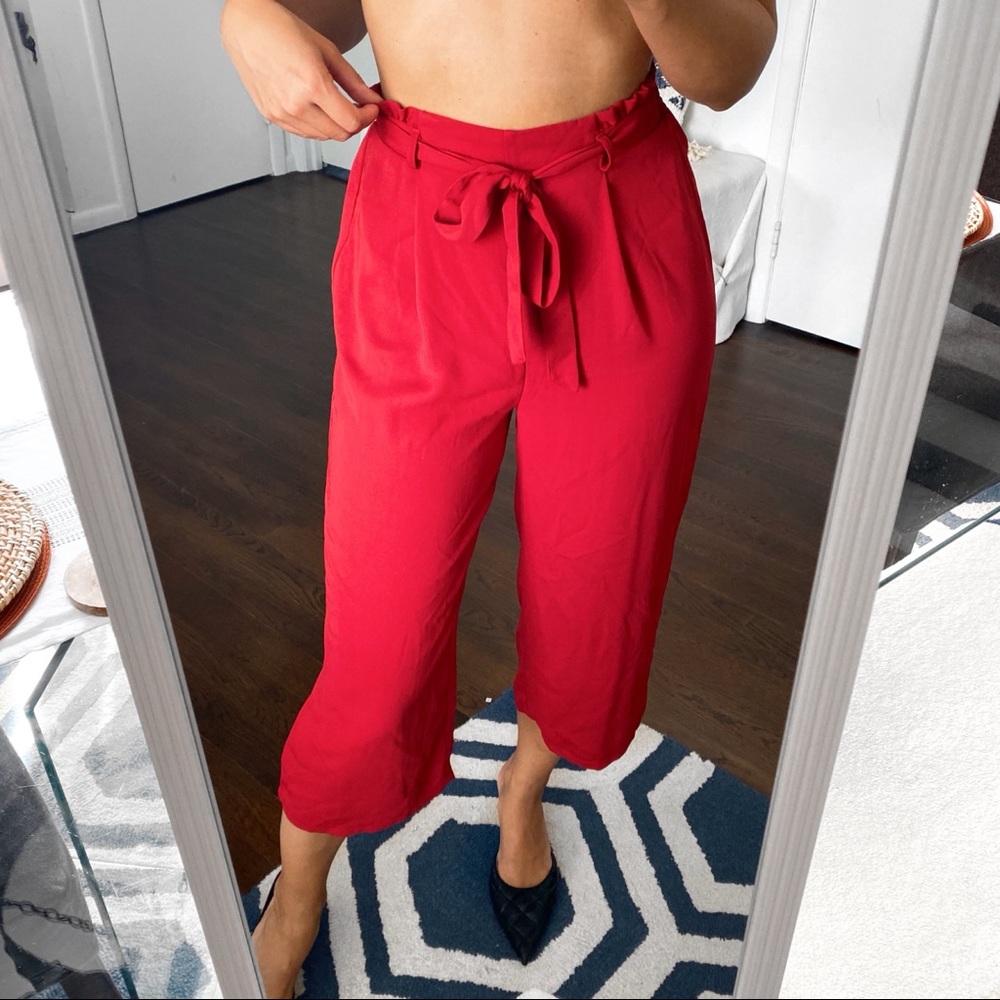 🌹 PRIMARK DARK RED CAPRI HIGH WAIST BELTED PANTS!